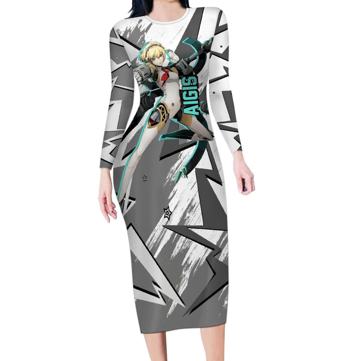 Aigis Persona Long Sleeve Bodycon Dress Anime Mix Polygon Cyber Style TS04 - The Mazicc - Long Dress - S - Multicolor