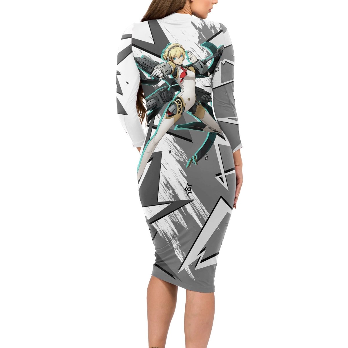 Aigis Persona Long Sleeve Bodycon Dress Anime Mix Polygon Cyber Style TS04 - The Mazicc - Long Dress - S - Multicolor