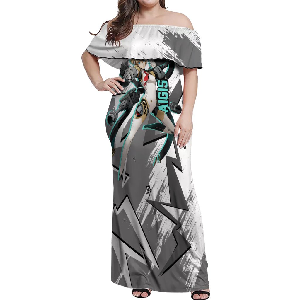 Aigis Persona Off Shoulder Maxi Dress Anime Mix Polygon Cyber Style TS04 - The Mazicc - Women - S - Multicolor