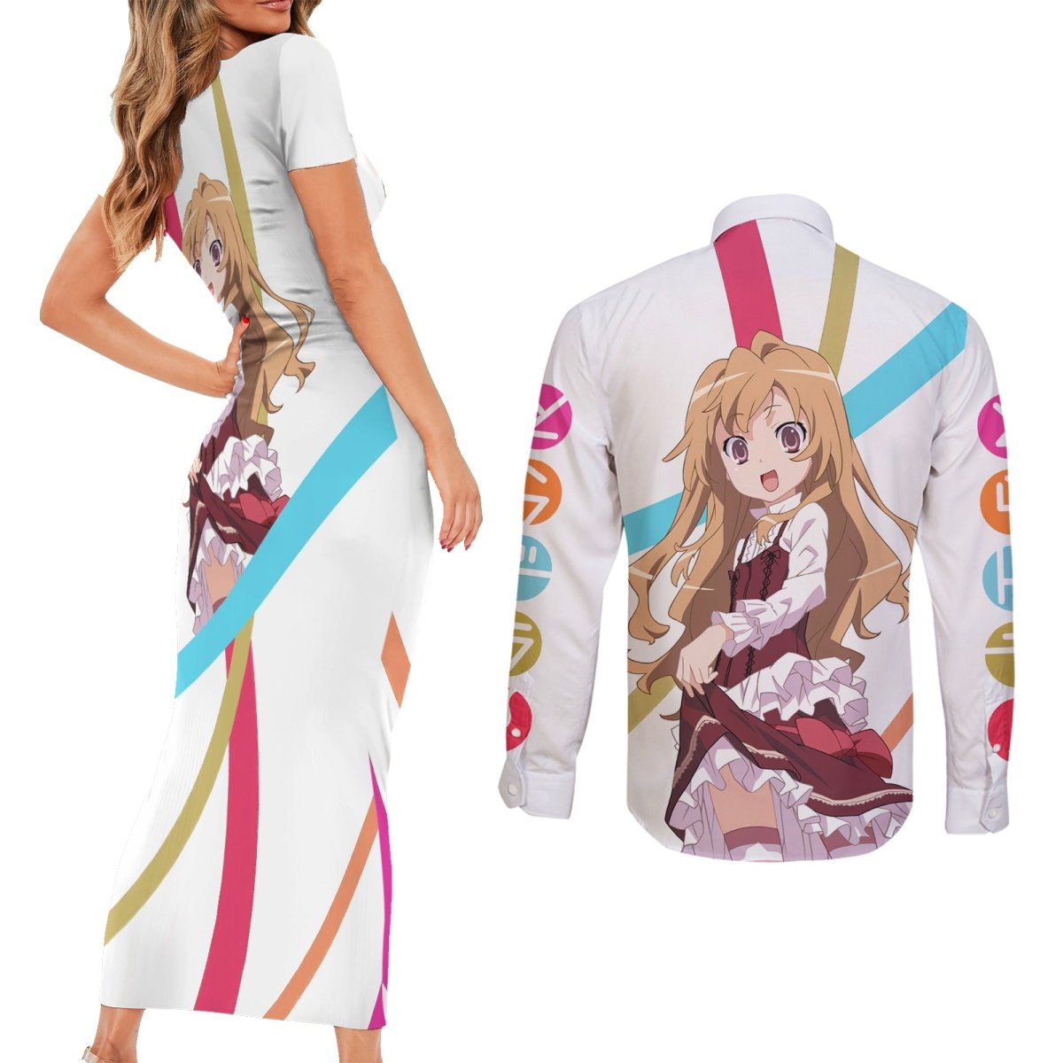 Aisaka Taiga Couples Matching Short Sleeve Bodycon Dress and Long Sleeve Button Shirt Toradora Anime Style TS04 - The Mazicc - S - S - White