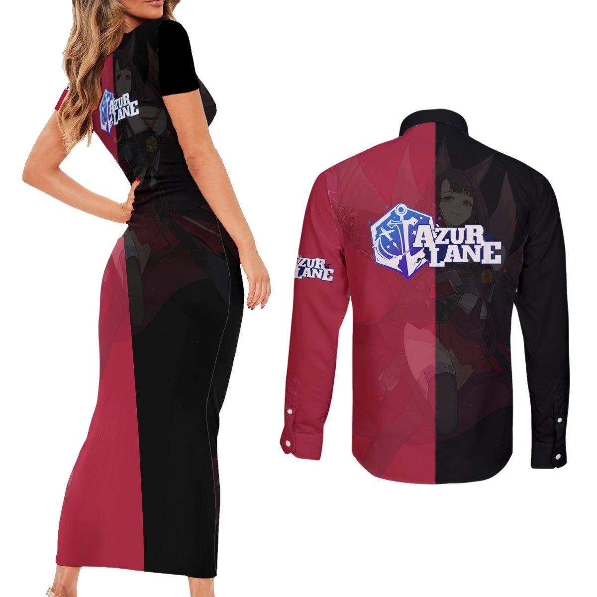 Akagi - Azur Lane Couples Matching Short Sleeve Bodycon Dress and Long Sleeve Button Shirt Anime Game Style TS04 - The Mazicc - S - S - Black/Red