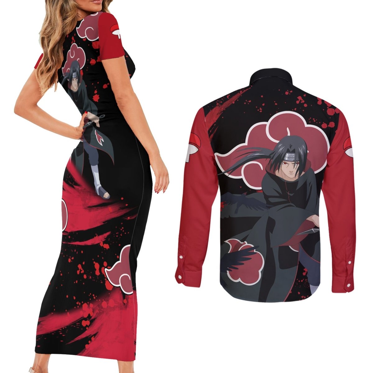 Akatsuki Itachi Couples Matching Short Sleeve Bodycon Dress and Long Sleeve Button Shirt Naruto TS04 - The Mazicc - S - S - Black/Red