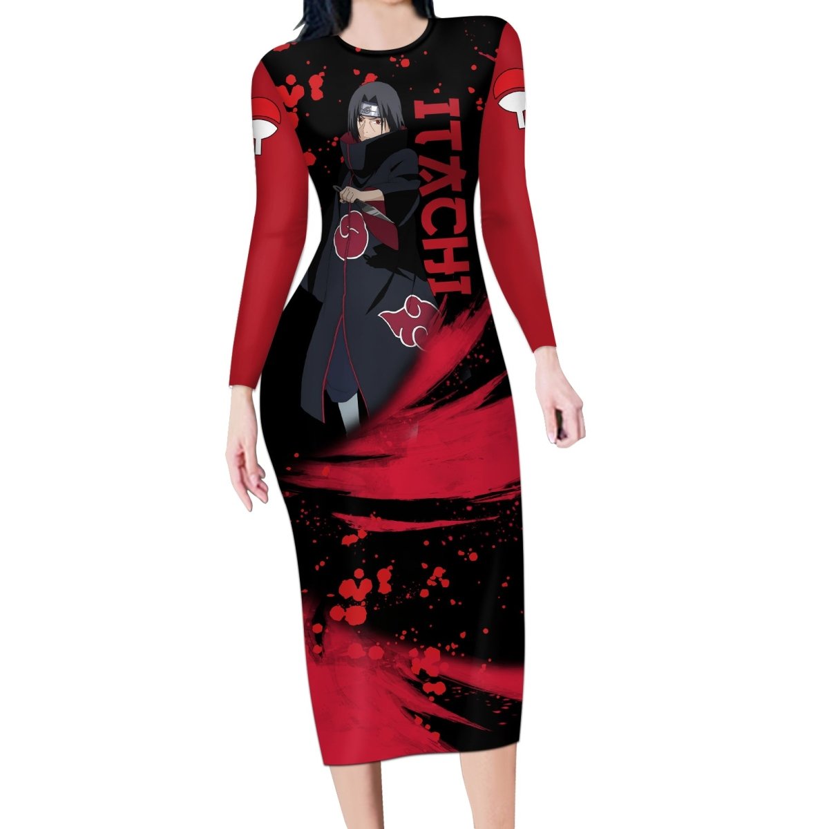 Akatsuki Itachi Long Sleeve Bodycon Dress Naruto TS04 - The Mazicc - Long Dress - S - Black/Red