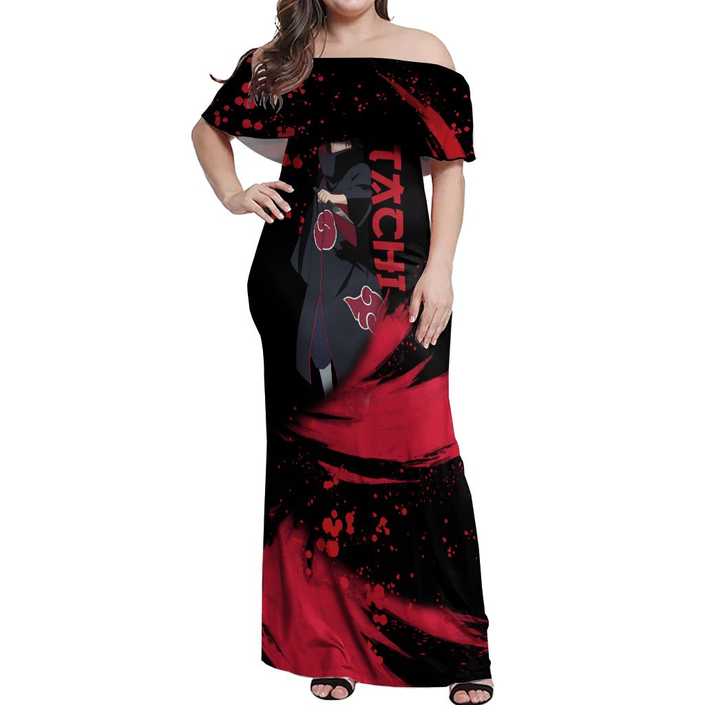 Akatsuki Itachi Off Shoulder Maxi Dress Naruto TS04 - The Mazicc - Women - S - Black/Red