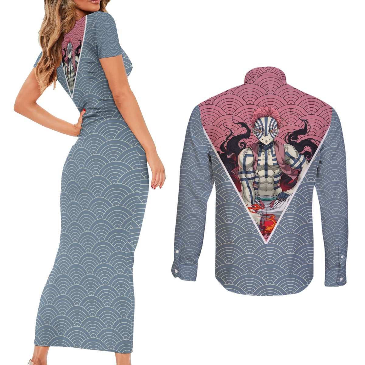 Akaza - Demons Layer Couples Matching Short Sleeve Bodycon Dress and Long Sleeve Button Shirt Anime Mix Japan Pattern Style TS04 - The Mazicc - S - S - Gray/Red