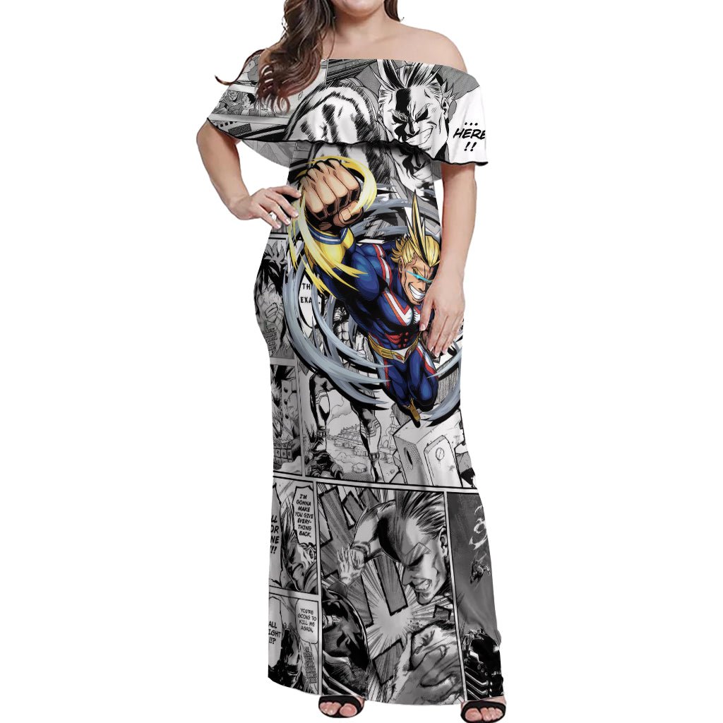All Might Off Shoulder Maxi Dress Manga Style TS04 - The Mazicc - Women - S - Multicolor