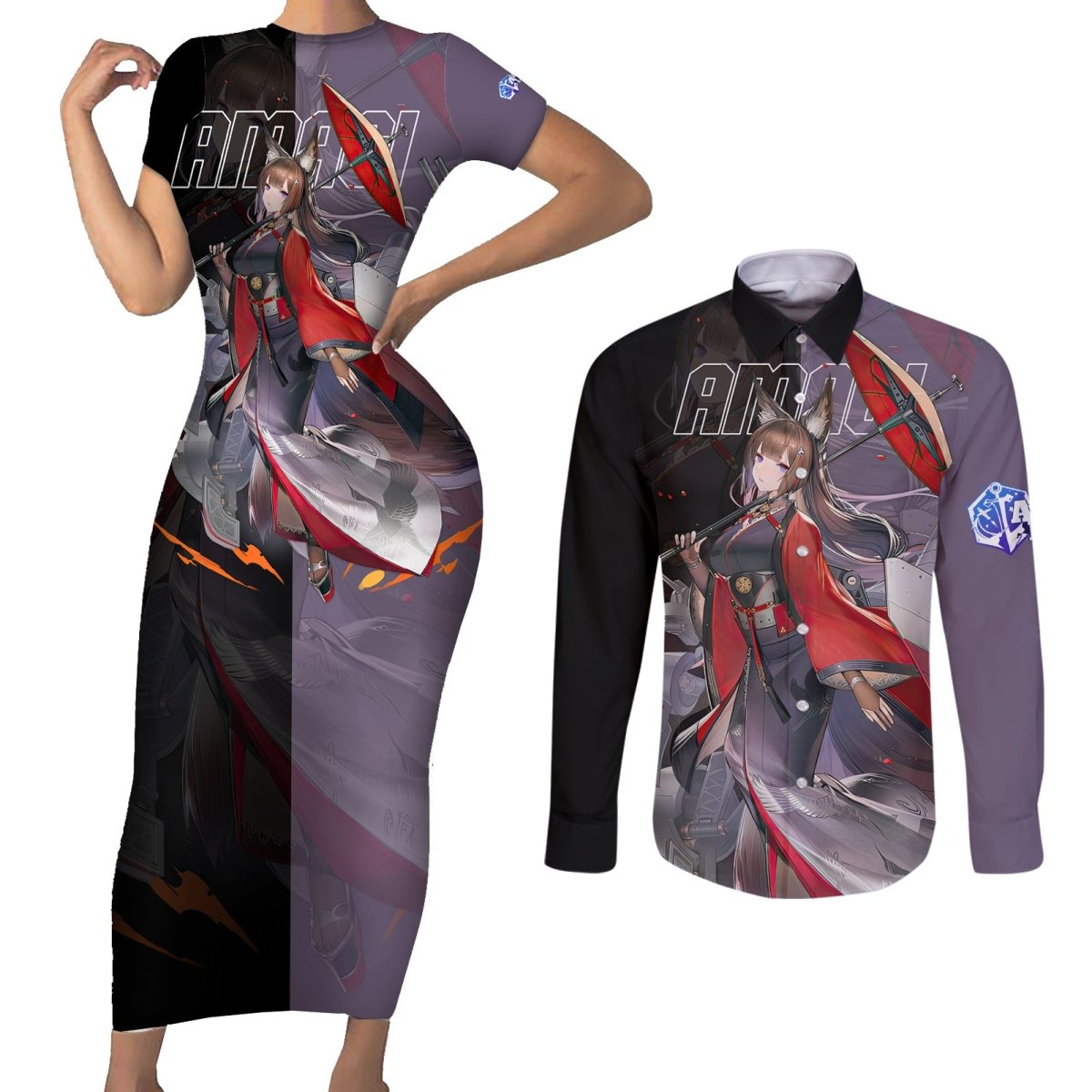 Amagi - Azur Lane Couples Matching Short Sleeve Bodycon Dress and Long Sleeve Button Shirt Anime Game Style TS04 - The Mazicc - S - S - Black/Purple