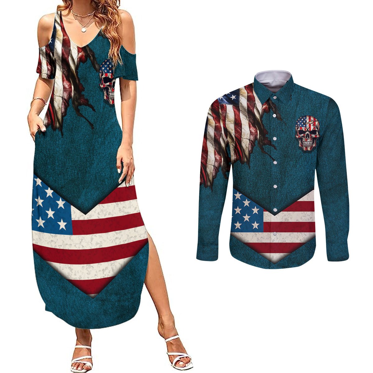 American Flag Skull Couples Matching Summer Maxi Dress and Long Sleeve Button Shirts I'm an American I Have The Right To Bear Arms Your Approval Is Not Required TS04 - The Mazicc - S - S - Dark Cyan