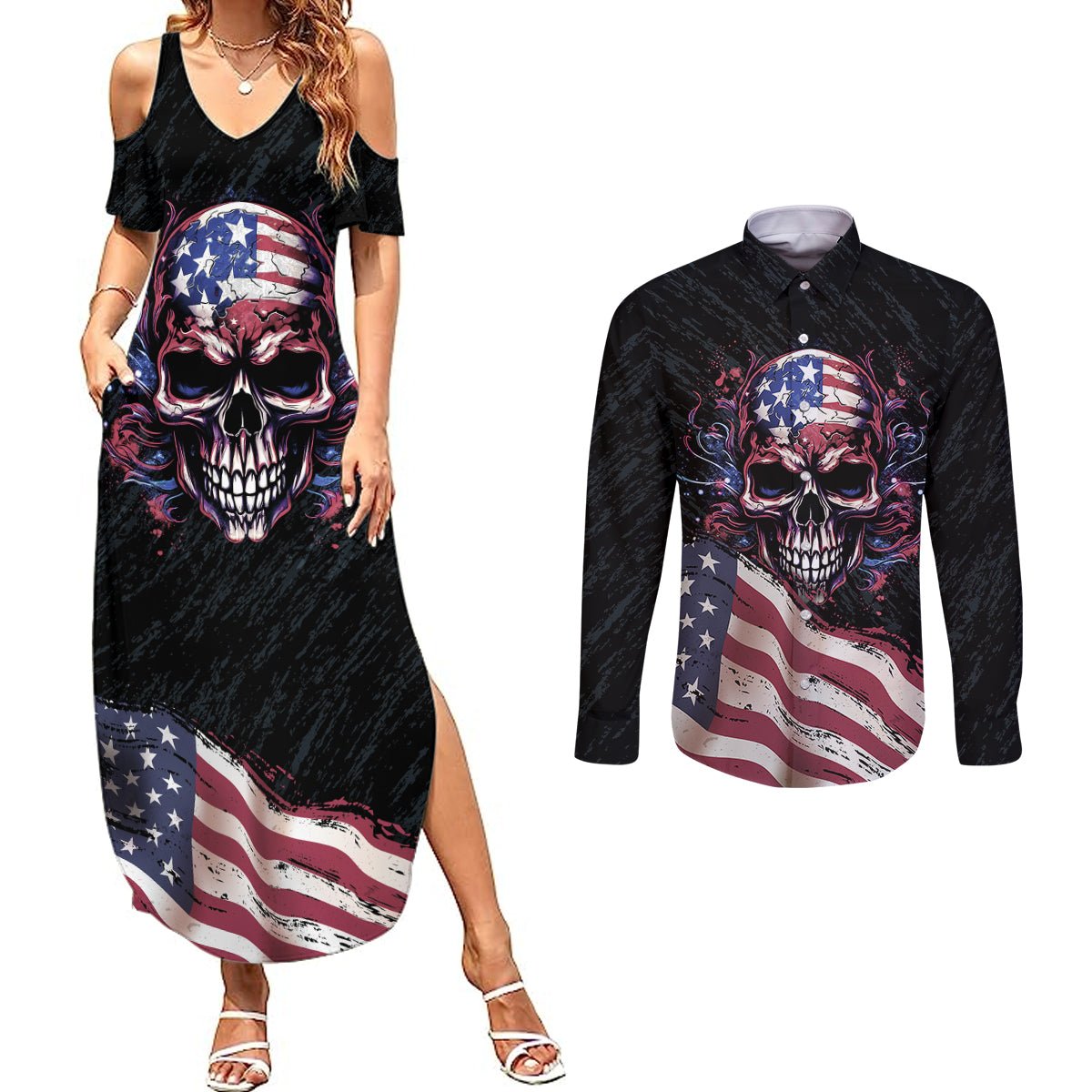 American Flag Skull Couples Matching Summer Maxi Dress and Long Sleeve Button Shirts Sorry If My Patriotism Offends You Trust Me TS04 - The Mazicc - S - S - Black Grunge