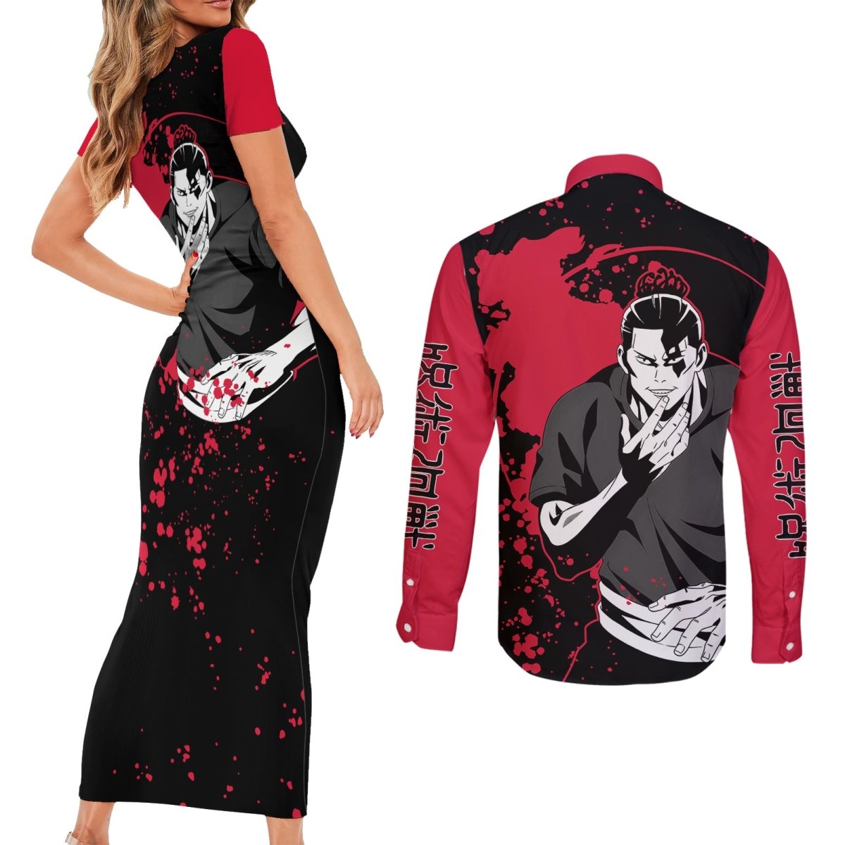 Aoi Todo Jujutsu Kaisen Couples Matching Short Sleeve Bodycon Dress and Long Sleeve Button Shirt Manga Style Art TS04 - The Mazicc - S - S - Black/Red