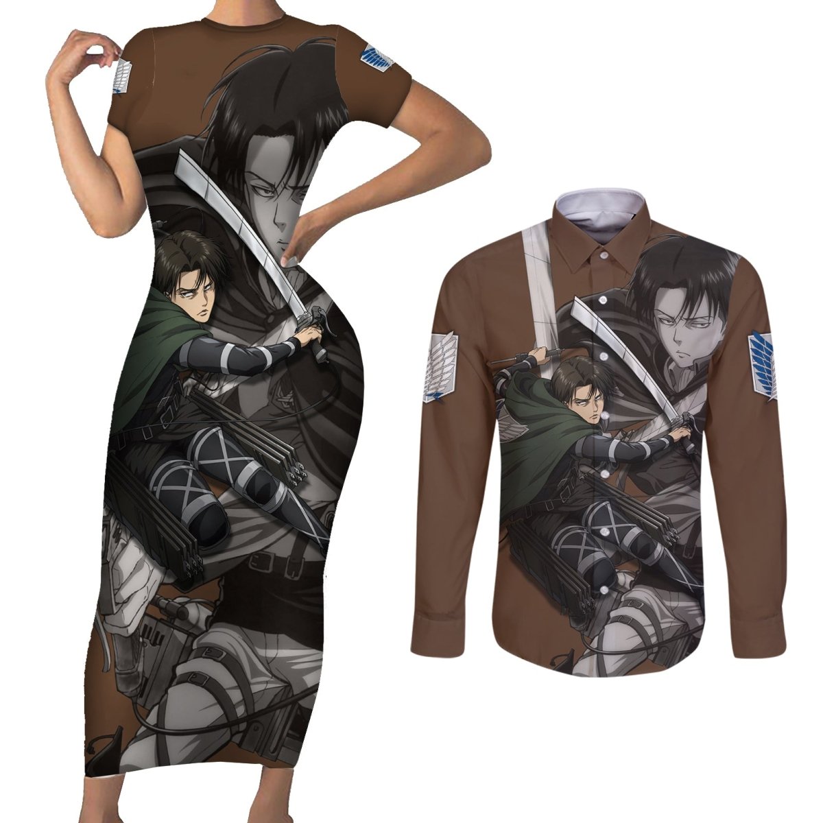 AOT Levi Ackerman Couples Matching Short Sleeve Bodycon Dress and Long Sleeve Button Shirt TS04 - The Mazicc - S - S - Brown