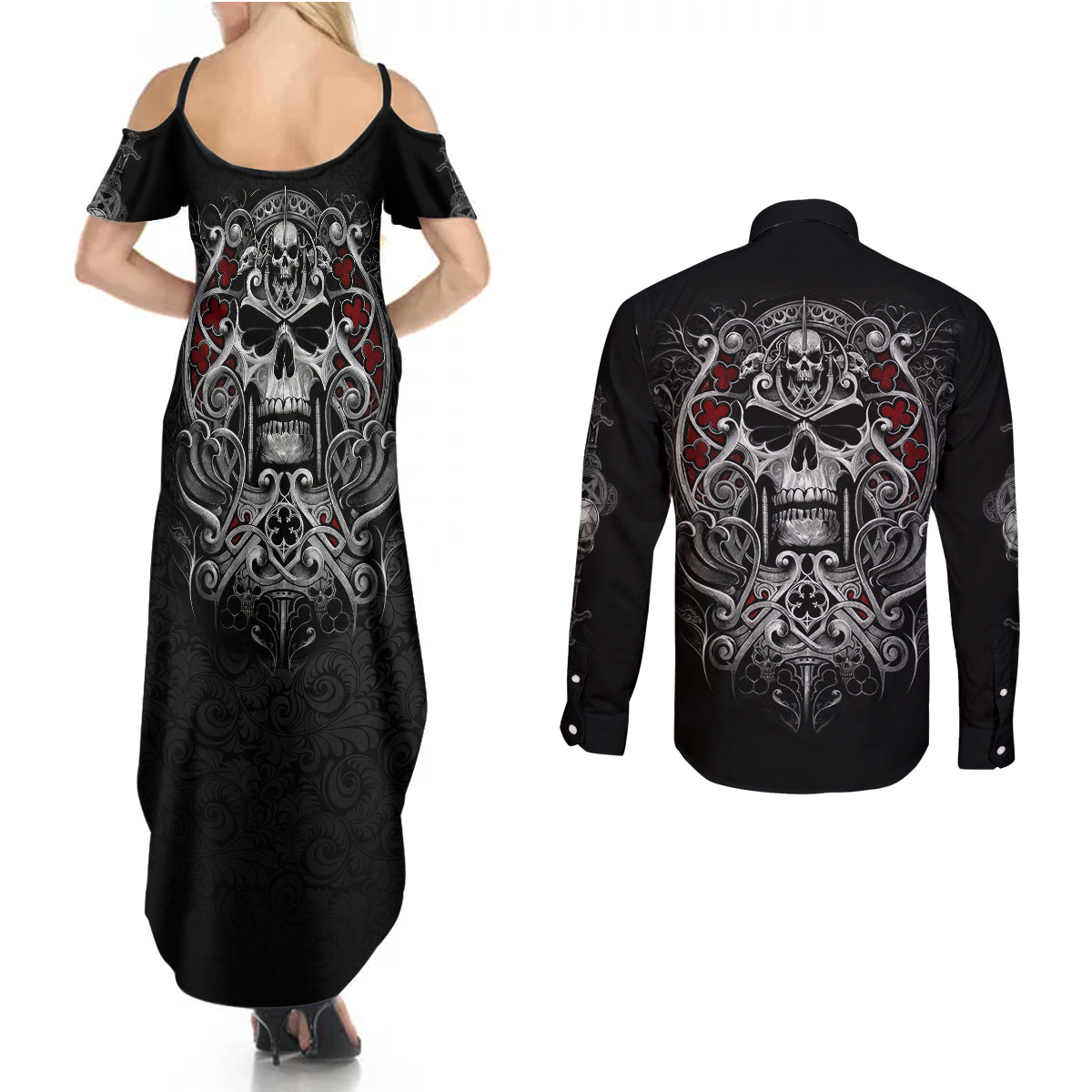 skull-couples-matching-summer-maxi-dress-and-long-sleeve-button-shirts-ethereal-reapers-skull-faced-death-angels