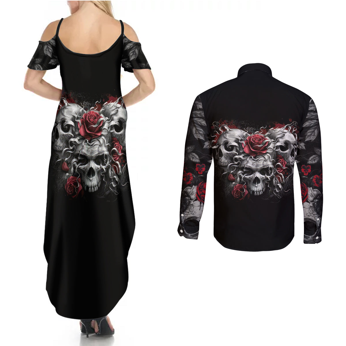skull-couples-matching-summer-maxi-dress-and-long-sleeve-button-shirts-three-skull-no-see-evil-rose