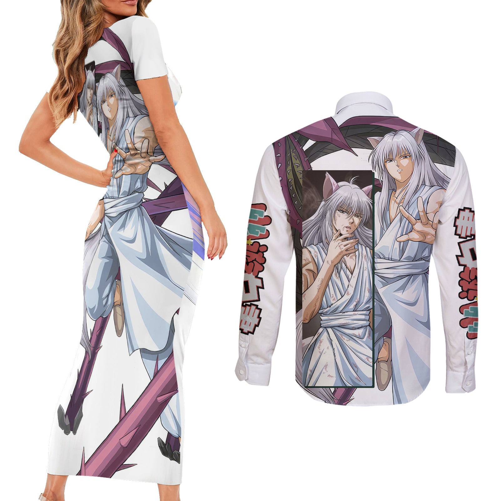 Youko Kurama Couples Matching Short Sleeve Bodycon Dress and Long Sleeve Button Shirt YuYu Hakusho