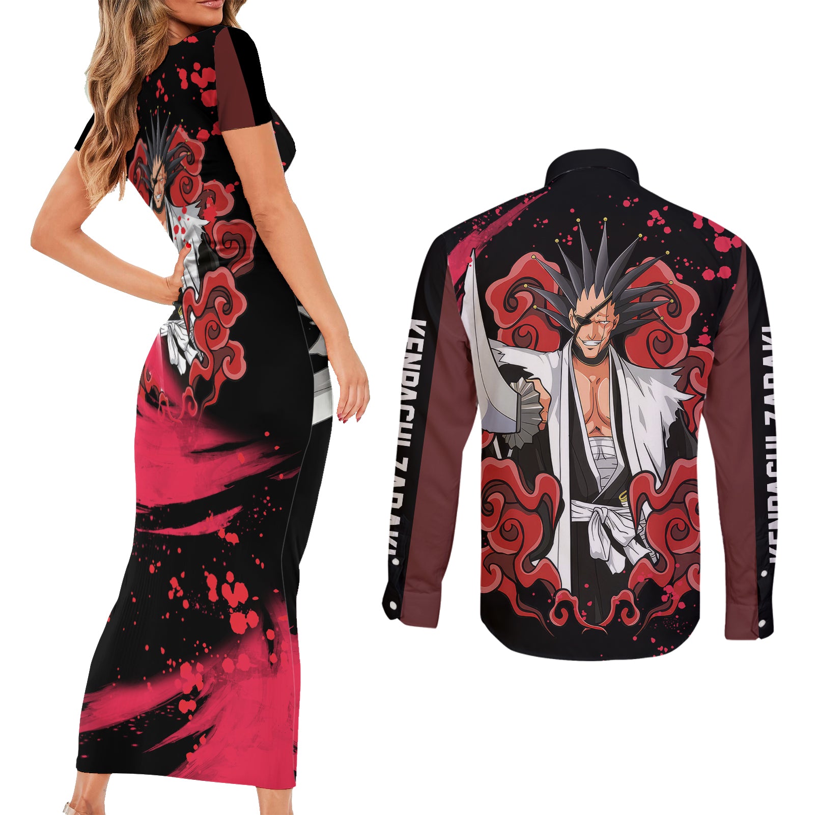 Kenpachi Zaraki Couples Matching Short Sleeve Bodycon Dress and Long Sleeve Button Shirt Bleach