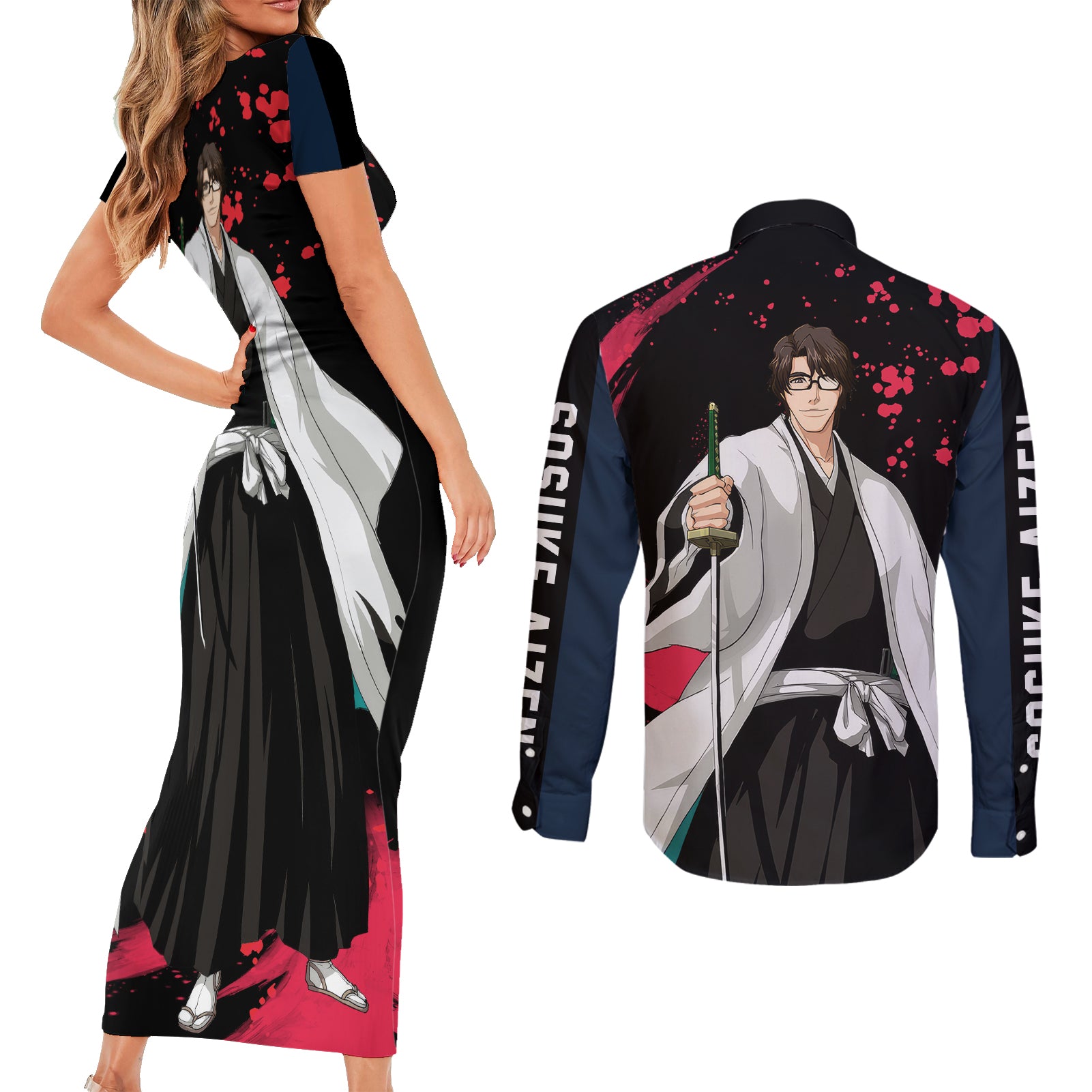 Sosuke Aizen Couples Matching Short Sleeve Bodycon Dress and Long Sleeve Button Shirt Bleach