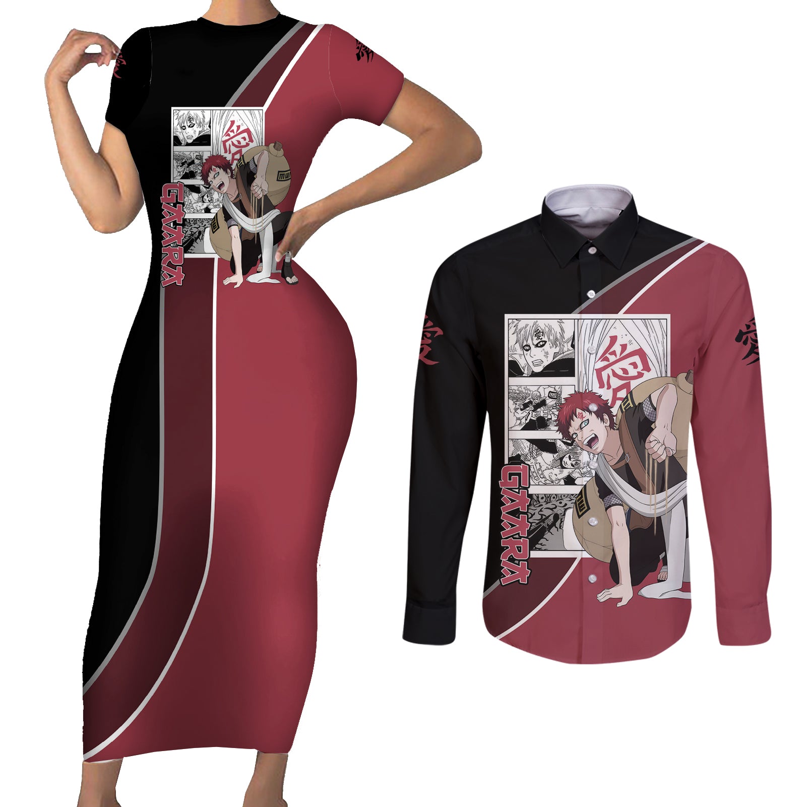 Gaara Couples Matching Short Sleeve Bodycon Dress and Long Sleeve Button Shirt Anime Mix Manga
