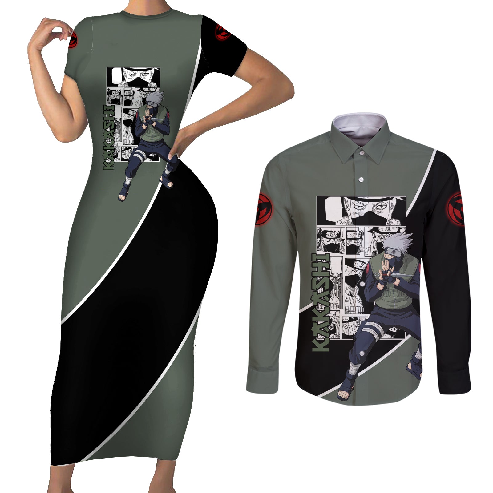Kakashi - Naruto Couples Matching Short Sleeve Bodycon Dress and Long Sleeve Button Shirt Anime Mix Manga Style