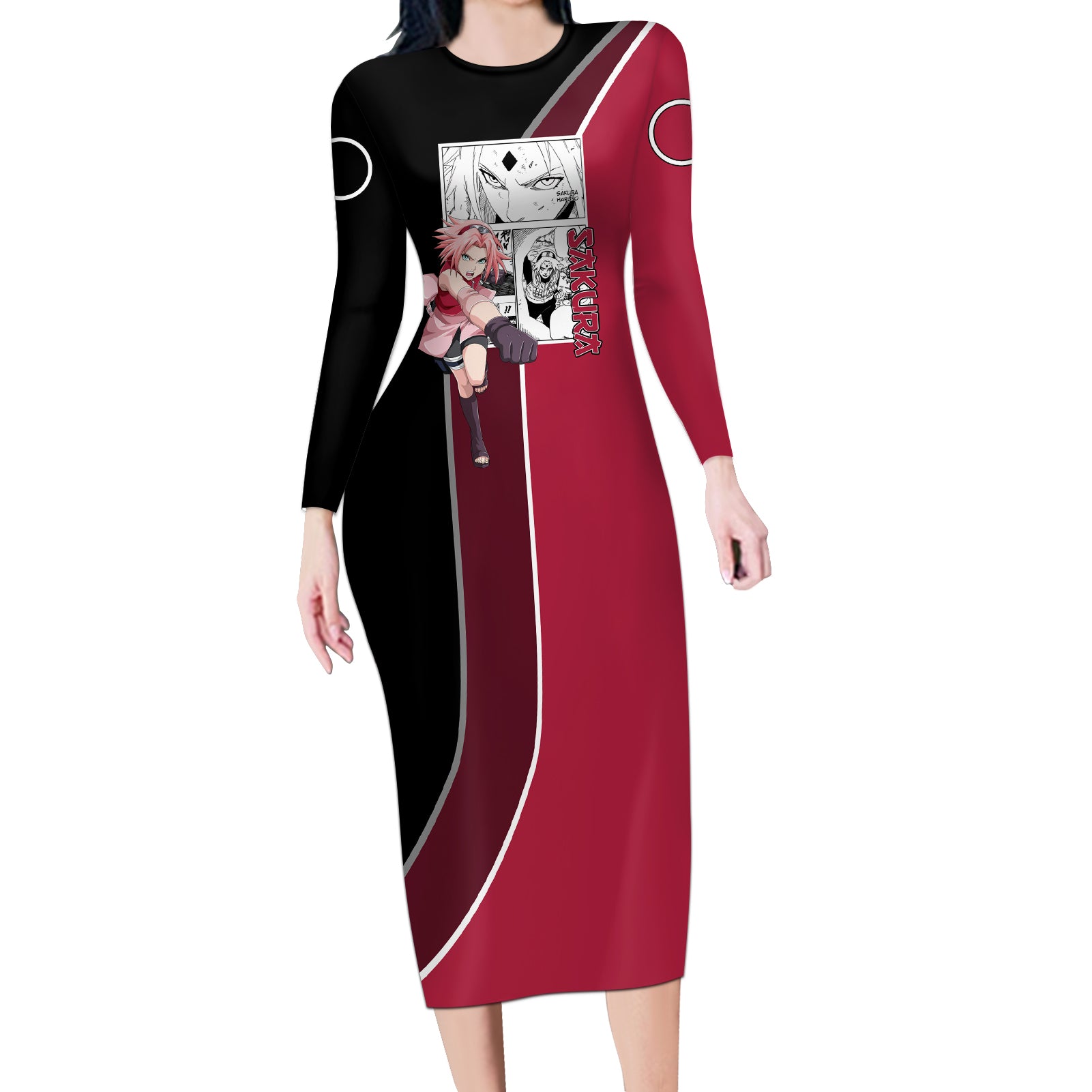Sakura Haruno - Naruto Long Sleeve Bodycon Dress Anime Mix Manga Style