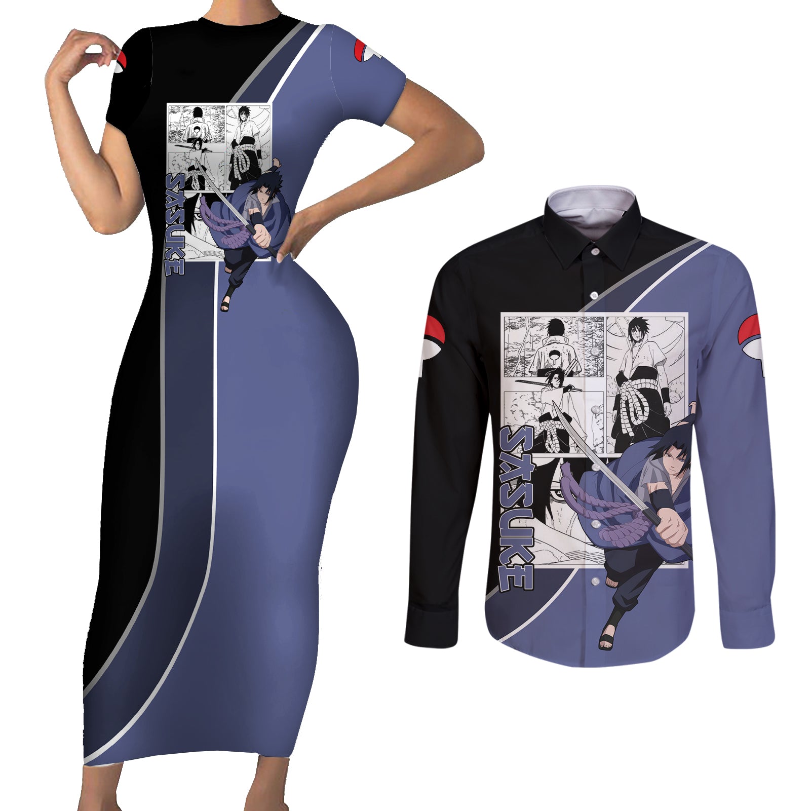 Sasuke - Naruto Couples Matching Short Sleeve Bodycon Dress and Long Sleeve Button Shirt Anime Mix Manga Style