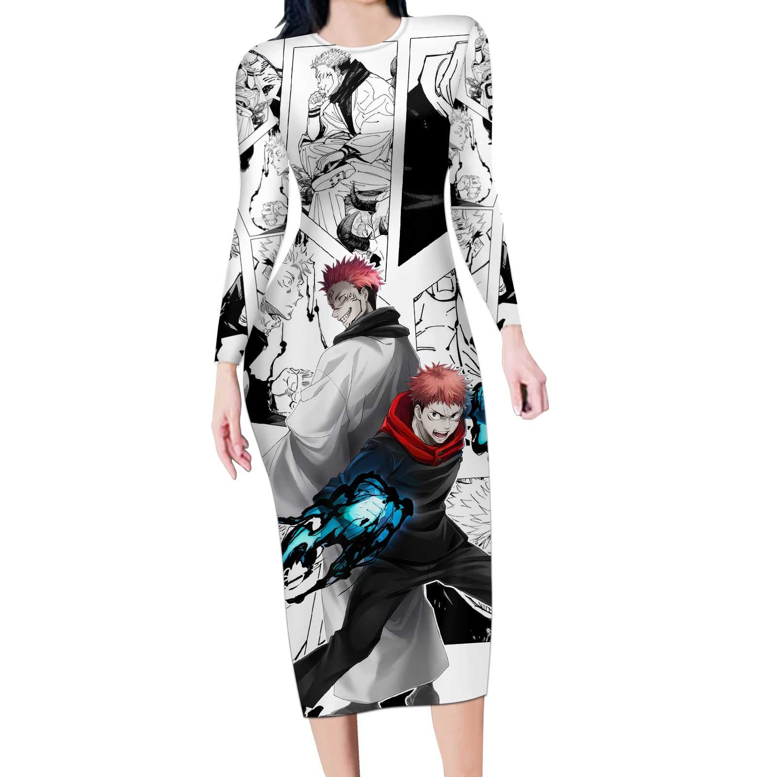 Itadori Yuji and Sukuna - Jujutsu Kaisen Long Sleeve Bodycon Dress Anime Japan Style