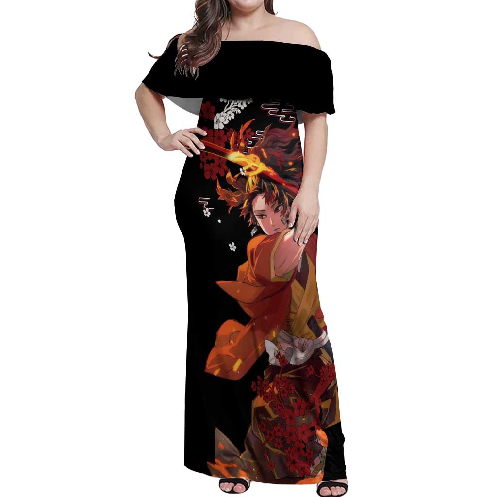 Yoriichi Tsugikuni - Demon Slayer Off Shoulder Maxi Dress Anime Text Pattern Style