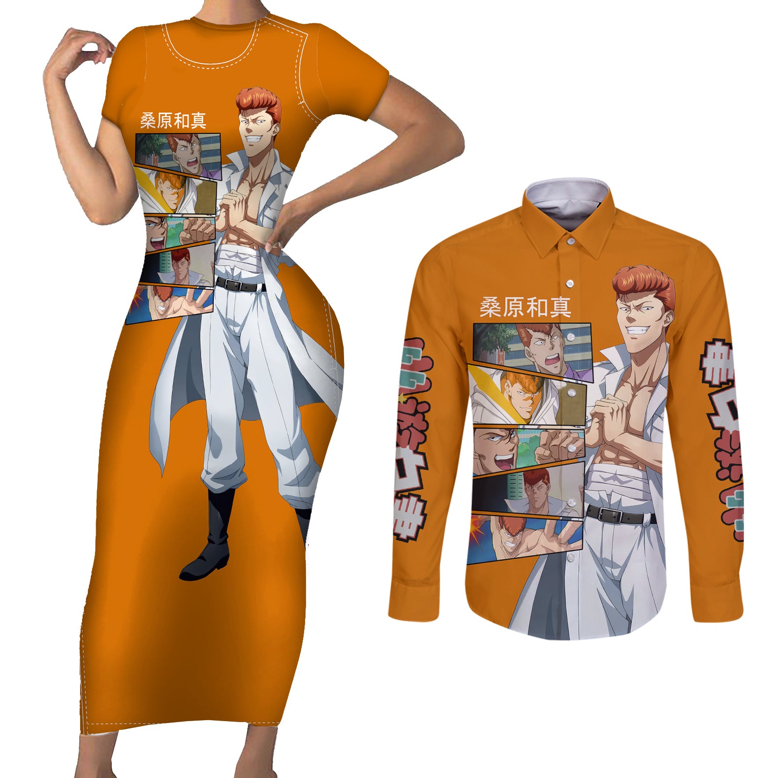 Kazuma Kuwabara Couples Matching Short Sleeve Bodycon Dress and Long Sleeve Button Shirt YuYu Hakusho