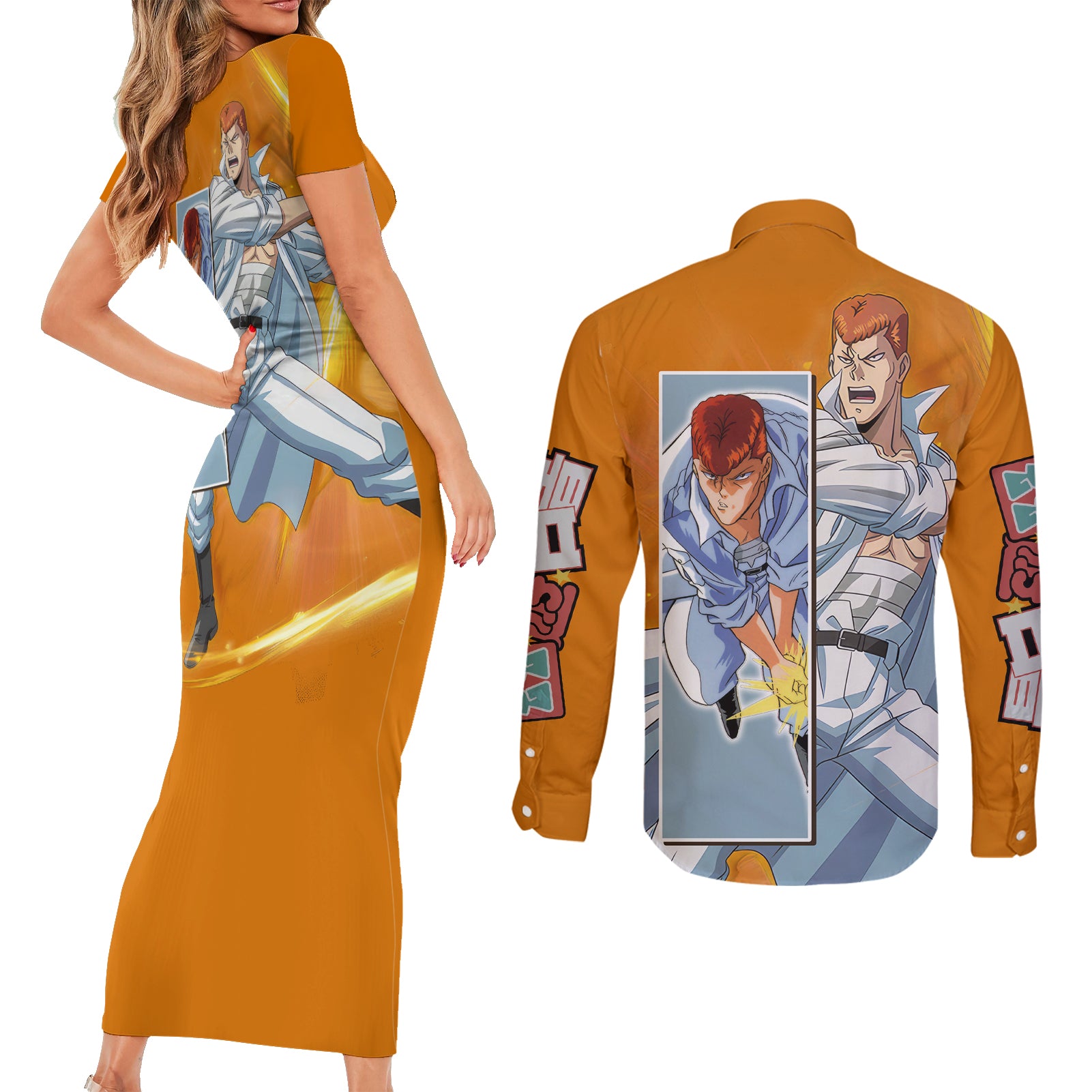 Kazuma Kuwabara Couples Matching Short Sleeve Bodycon Dress and Long Sleeve Button Shirt YuYu Hakusho