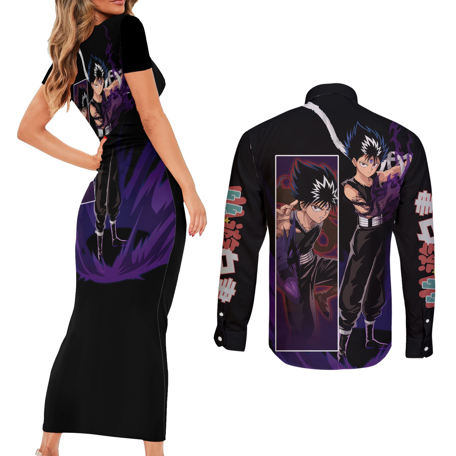 Hiei Couples Matching Short Sleeve Bodycon Dress and Long Sleeve Button Shirt YuYu Hakusho
