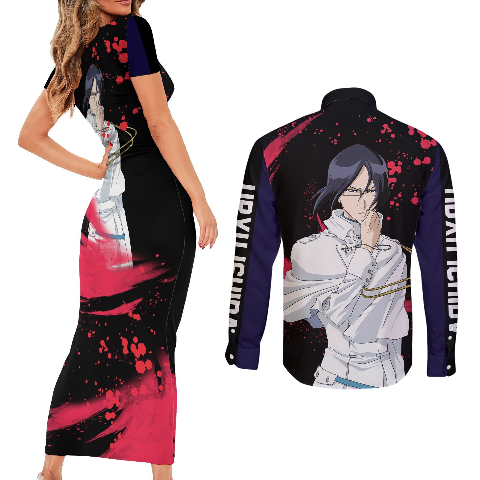 Uryu Ishida Couples Matching Short Sleeve Bodycon Dress and Long Sleeve Button Shirt Bleach