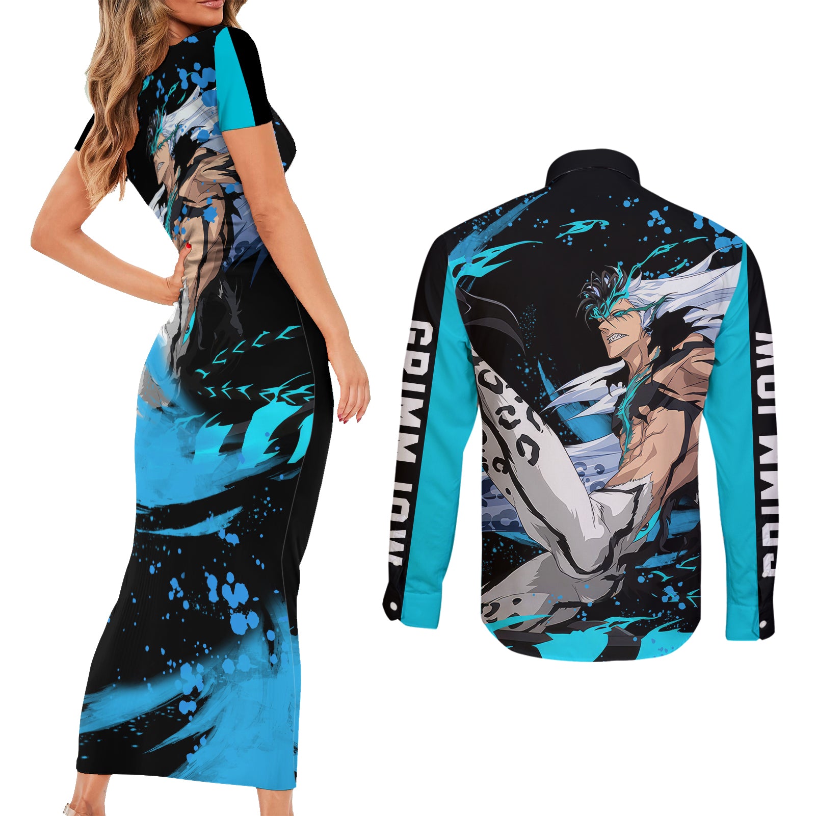 Grimmjow Couples Matching Short Sleeve Bodycon Dress and Long Sleeve Button Shirt Bleach