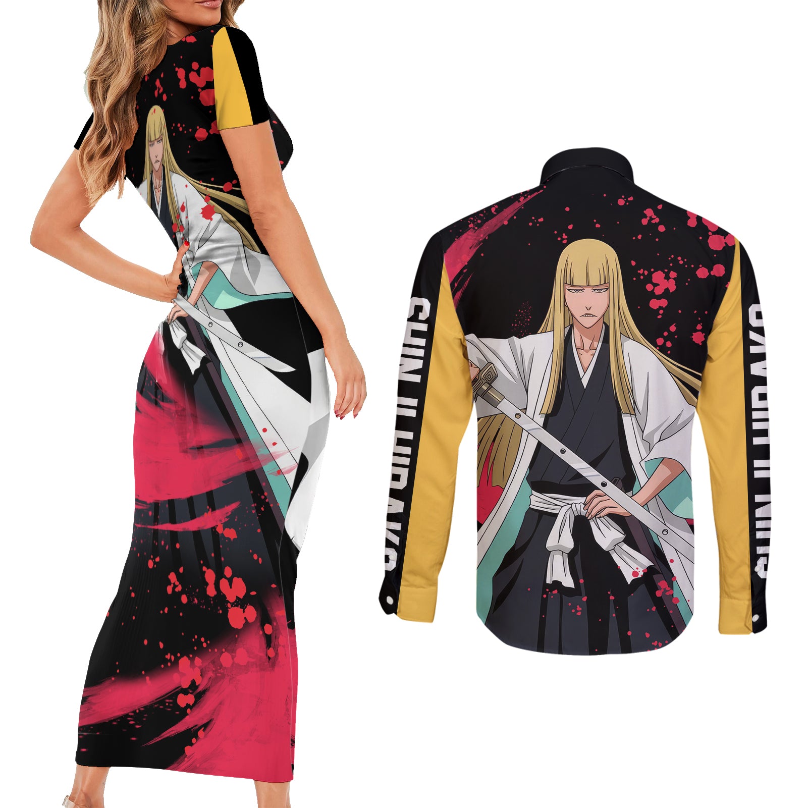 Shinji Hirako Couples Matching Short Sleeve Bodycon Dress and Long Sleeve Button Shirt Bleach