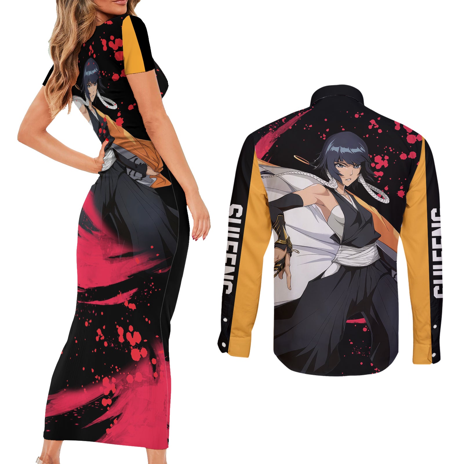 Soifon Sui-Feng Couples Matching Short Sleeve Bodycon Dress and Long Sleeve Button Shirt Bleach