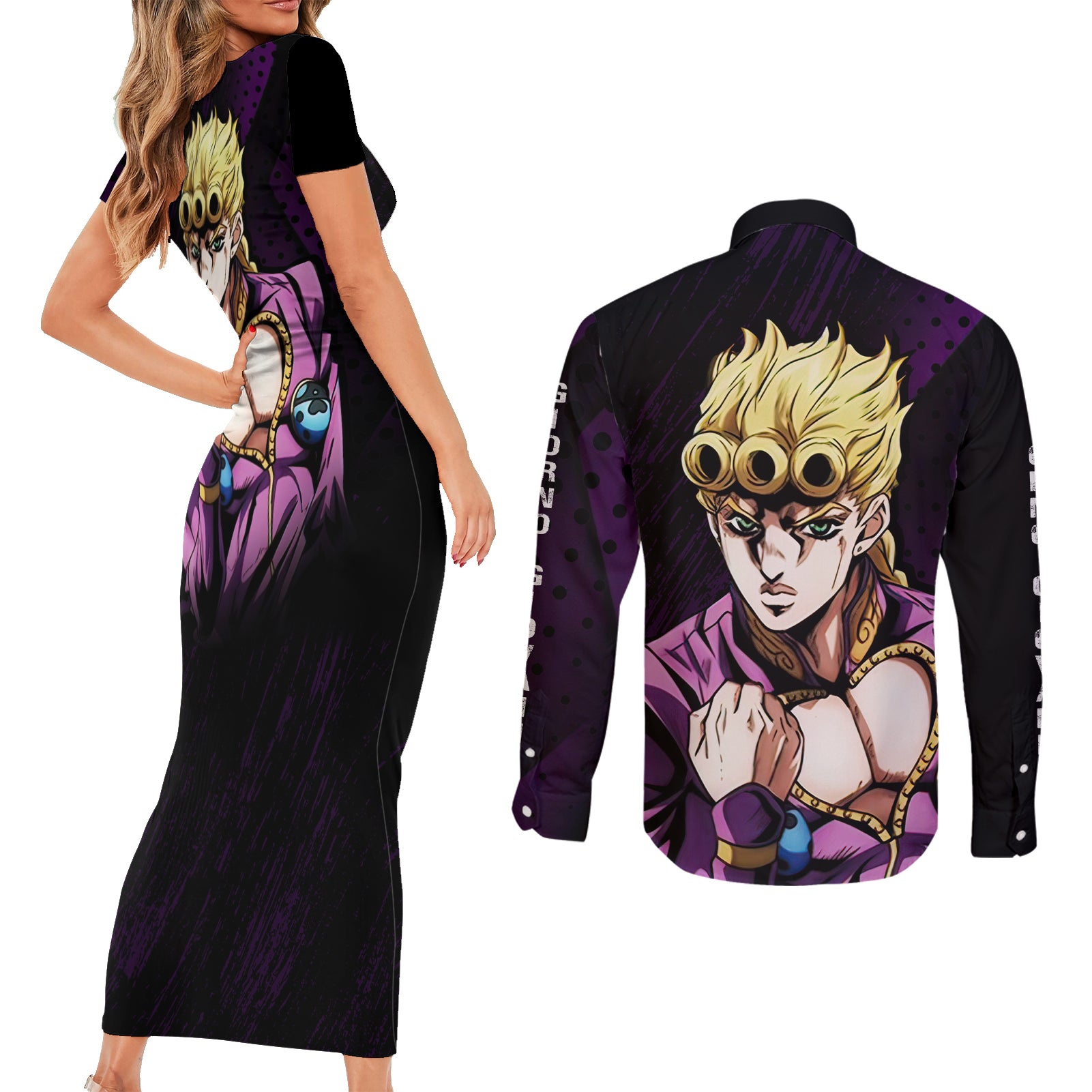 Giorno Giovanna Couples Matching Short Sleeve Bodycon Dress and Long Sleeve Button Shirt JJBAs Anime Style