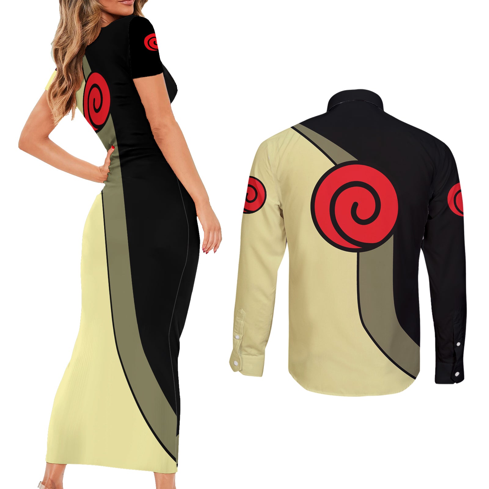 Nrt Uzumaki Bijuu - Naruto Couples Matching Short Sleeve Bodycon Dress and Long Sleeve Button Shirt Anime Mix Manga Style