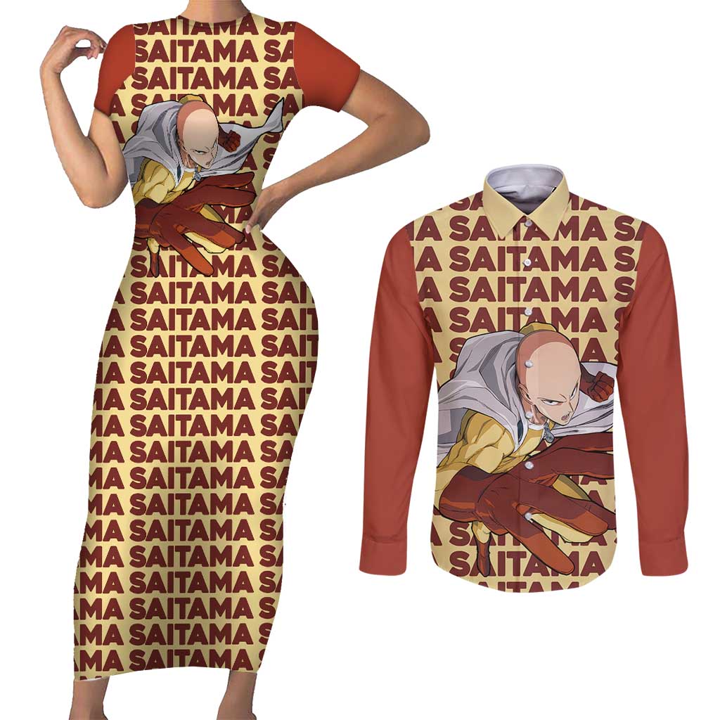 Saitama - One Punch Man Couples Matching Short Sleeve Bodycon Dress and Long Sleeve Button Shirt Anime Text Pattern Style