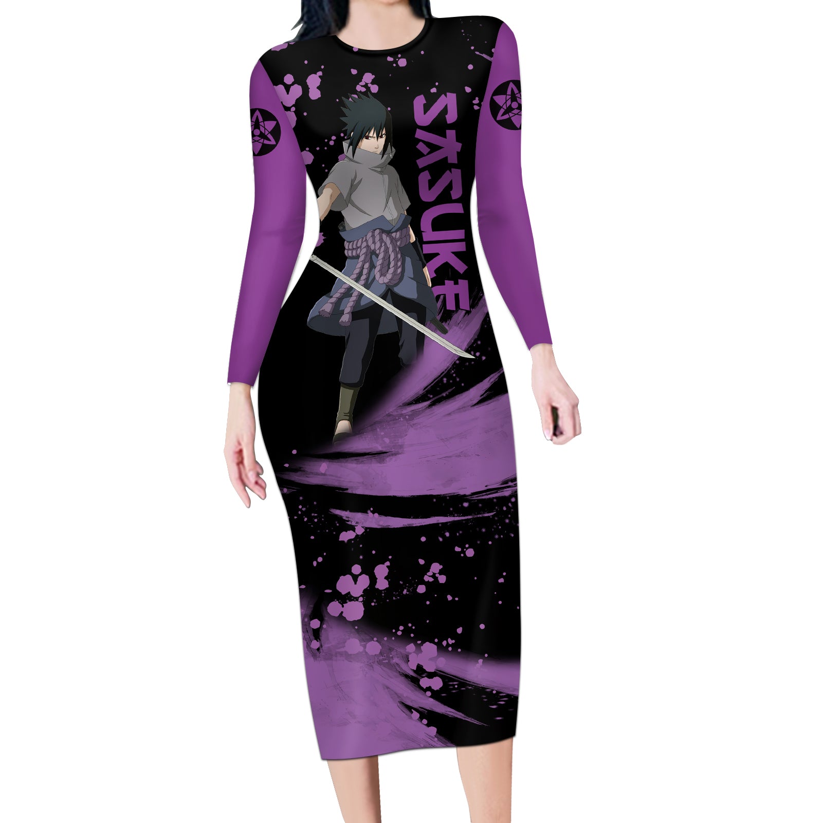 Uchiha Sasuke Sharingan Eyes Long Sleeve Bodycon Dress Naruto
