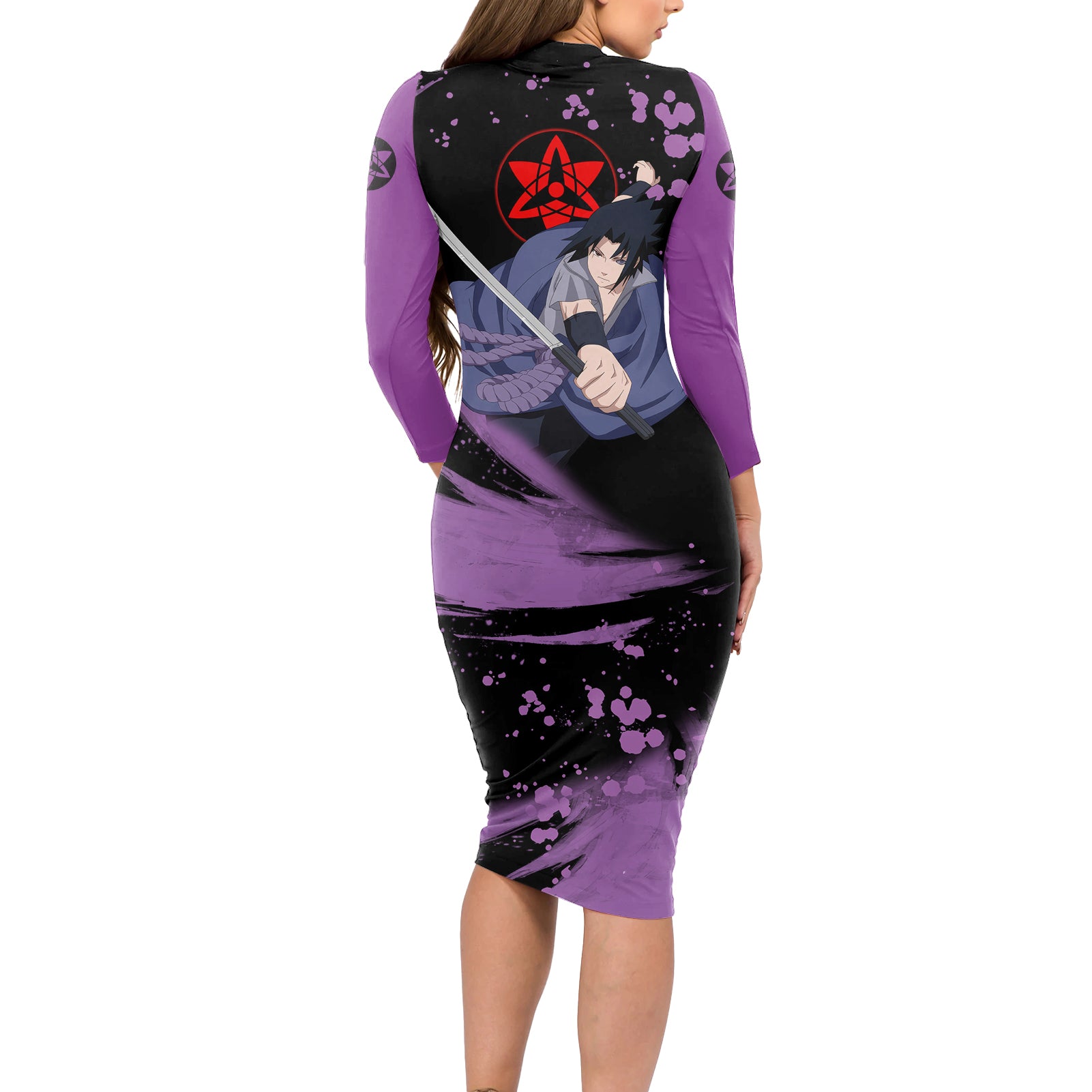Uchiha Sasuke Sharingan Eyes Long Sleeve Bodycon Dress Naruto
