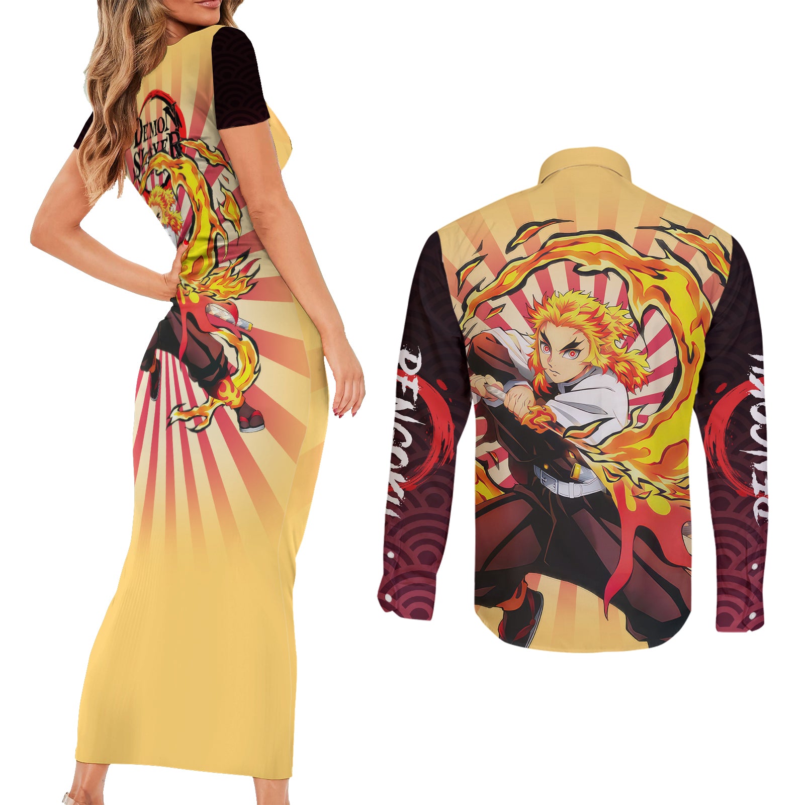 Rengoku Couples Matching Short Sleeve Bodycon Dress and Long Sleeve Button Shirt Demon Slayer
