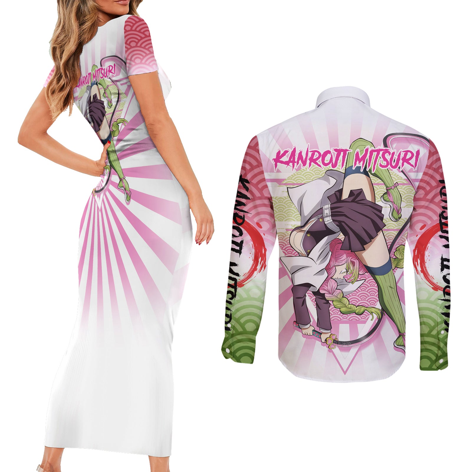 Kanroji Mitsuri Couples Matching Short Sleeve Bodycon Dress and Long Sleeve Button Shirt Demon Slayer