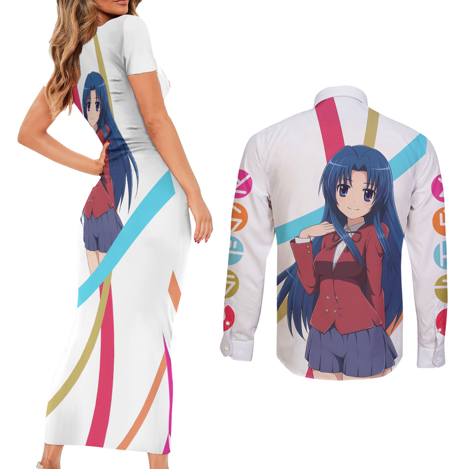 Kawashima Ami Couples Matching Short Sleeve Bodycon Dress and Long Sleeve Button Shirt Toradora Anime Style