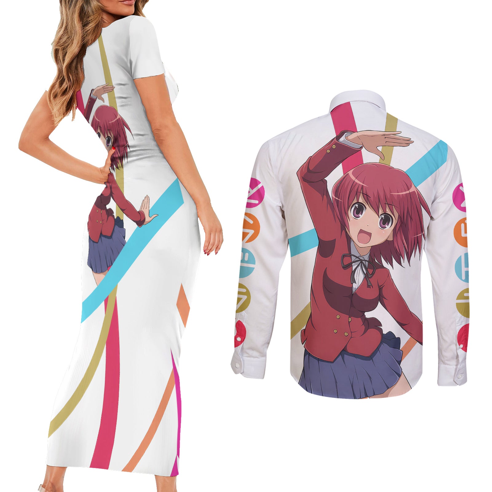 Kushieda Minori Couples Matching Short Sleeve Bodycon Dress and Long Sleeve Button Shirt Toradora Anime Style