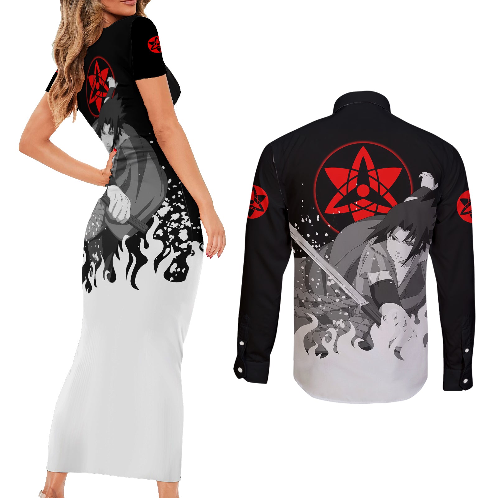 Sasuke Uchiha Couples Matching Short Sleeve Bodycon Dress and Long Sleeve Button Shirt Naruto