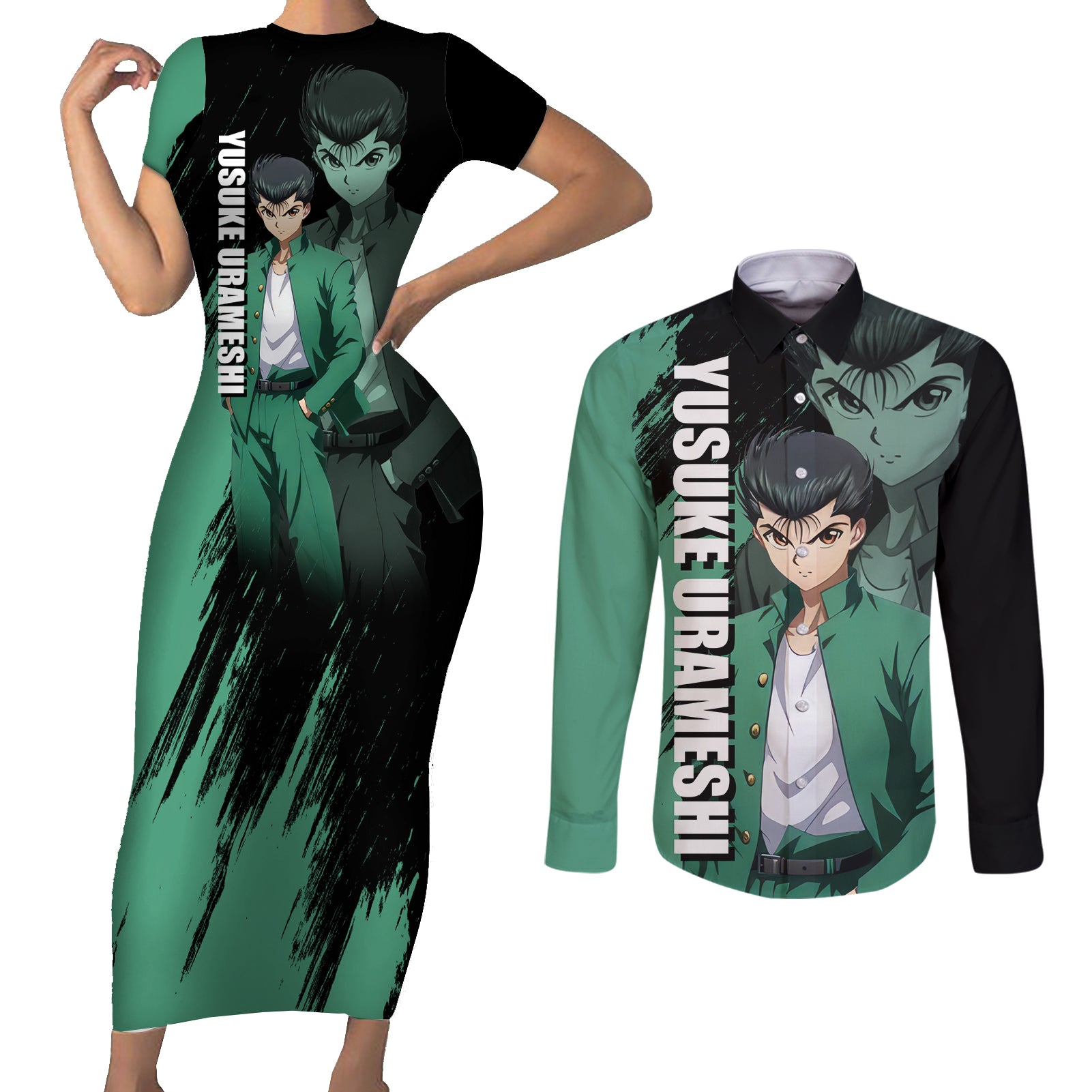 Yusuke Urameshi Couples Matching Short Sleeve Bodycon Dress and Long Sleeve Button Shirt Yu Yu Hakusho Anime Style