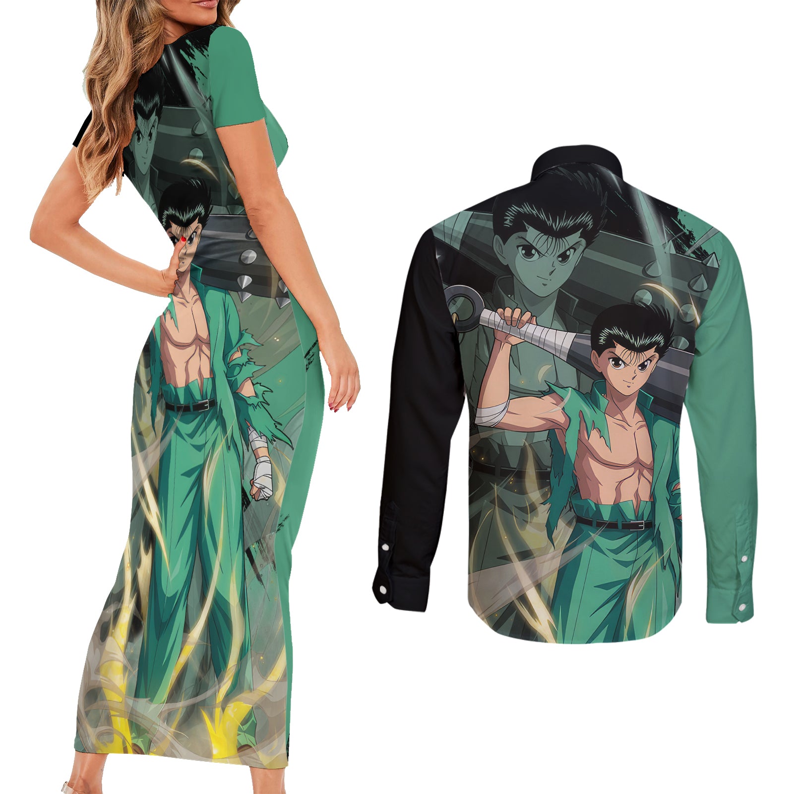 Yusuke Urameshi Couples Matching Short Sleeve Bodycon Dress and Long Sleeve Button Shirt Yu Yu Hakusho Anime Style