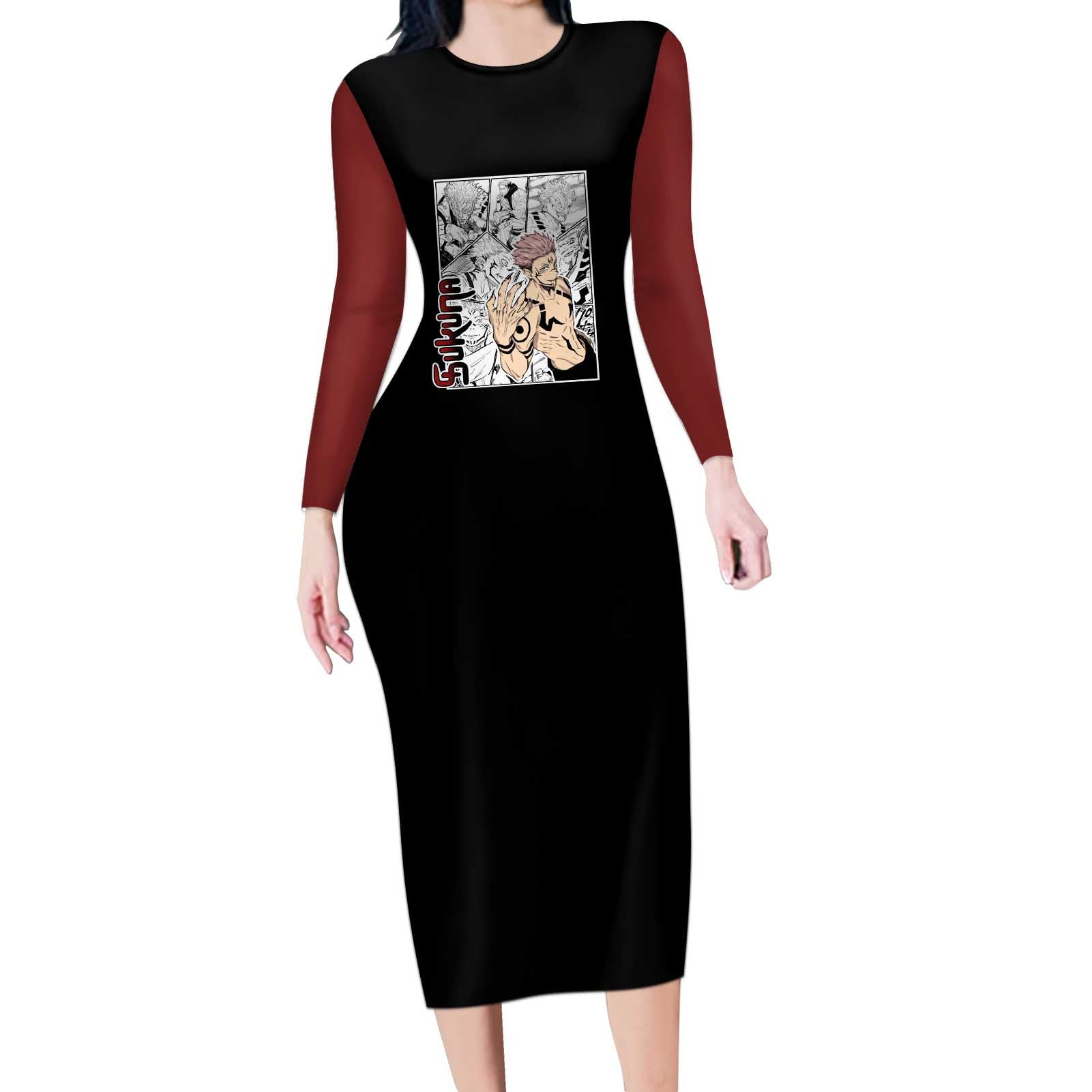 Sukuna - One Piece Long Sleeve Bodycon Dress Anime Mix Manga Style
