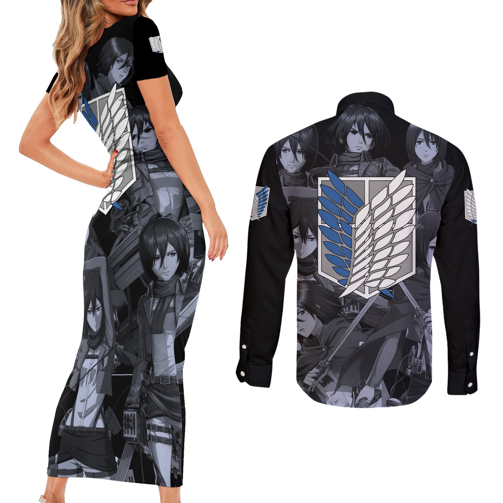 Mikasa Ackerman - Attack On Tittan Couples Matching Short Sleeve Bodycon Dress and Long Sleeve Button Shirt Anime Mix Manga Style