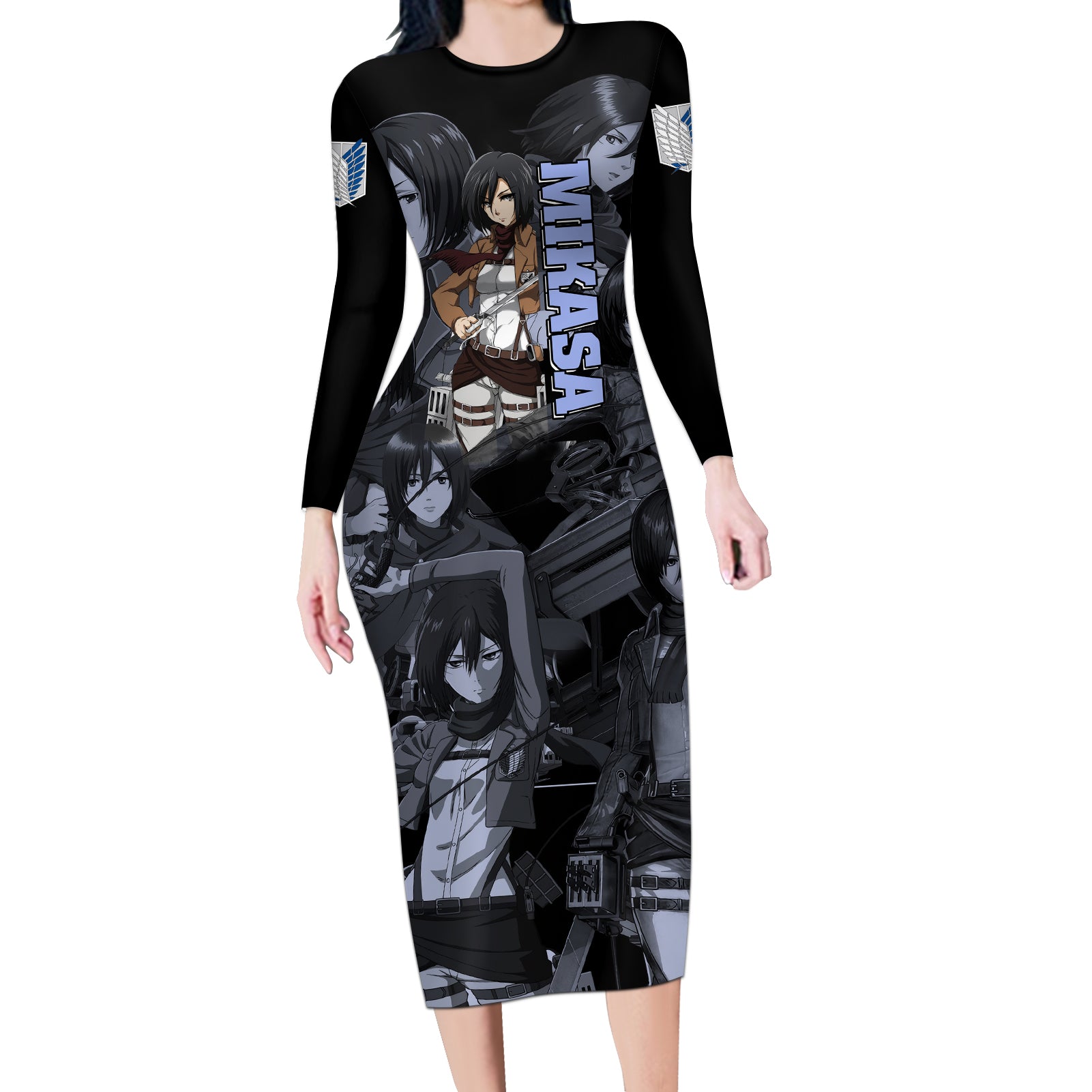 Mikasa Ackerman - Attack On Tittan Long Sleeve Bodycon Dress Anime Mix Manga Style