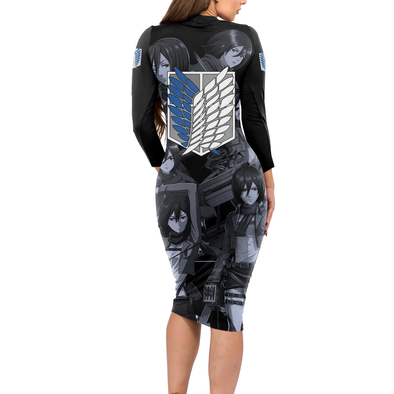 Mikasa Ackerman - Attack On Tittan Long Sleeve Bodycon Dress Anime Mix Manga Style