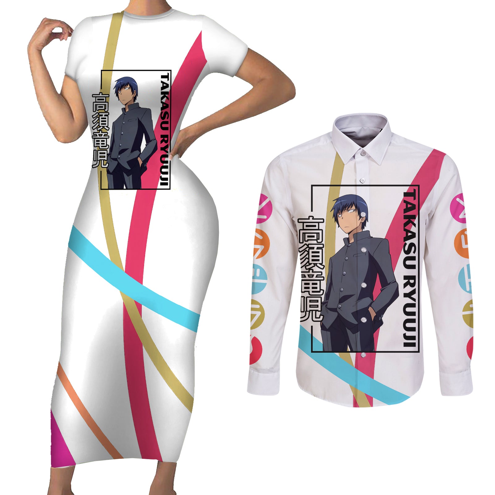 Takasu Ryuuji Couples Matching Short Sleeve Bodycon Dress and Long Sleeve Button Shirt Toradora Anime Style